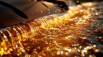 Close-up of shimmering liquid with golden hues, suggesting a dynamic flow. photo