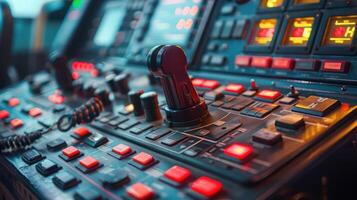 Control panel featuring buttons and a joystick, likely used in technology or machinery. photo