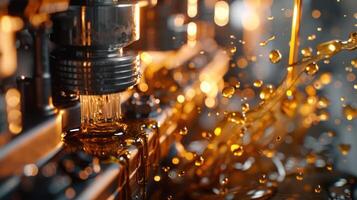 Close-up of oil splashing from a machine, showcasing industrial processes. photo