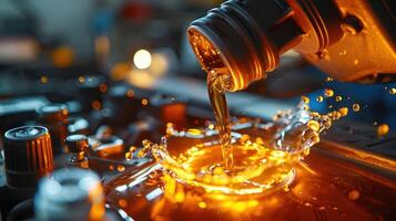 Engine oil being poured into a car engine, creating splashes and reflecting light. photo
