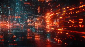 A digital landscape with glowing data streams and futuristic elements. photo