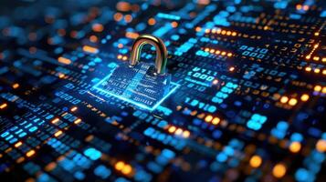 A digital lock on a circuit board, symbolizing cybersecurity and data protection. photo
