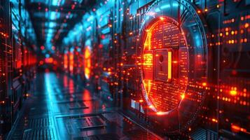 A futuristic corridor with glowing elements and a secure vault door, suggesting high-tech security. photo
