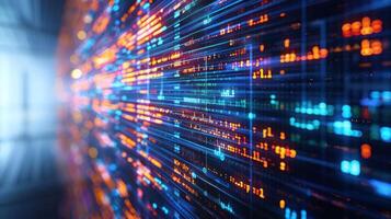 Digital data streams with vibrant colors representing technology and information flow. photo