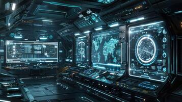 Futuristic control room with high-tech displays and interactive interfaces. photo