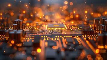 A close-up view of a circuit board with glowing elements, showcasing technology and innovation. photo