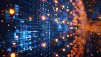 Abstract digital background with glowing particles and lines representing technology and data. photo