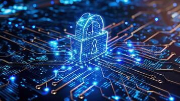 A digital padlock over a circuit board, symbolizing cybersecurity and data protection. photo
