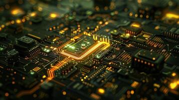 A close-up view of a circuit board with glowing components and intricate pathways. photo