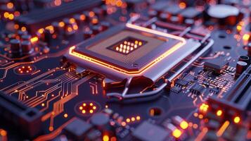 Close-up of a circuit board with a glowing processor, showcasing technology and innovation. photo