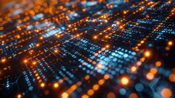 Abstract digital visualization of data with glowing binary code and interconnected nodes. photo