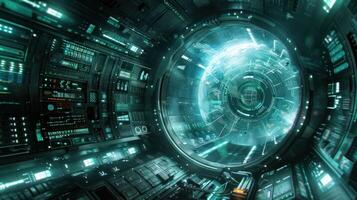Futuristic control room with glowing interfaces and a circular portal. photo