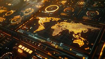 A digital world map with glowing data visualizations and metrics. photo