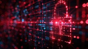 A digital representation of a secure lock symbol amidst a network of glowing data points. photo