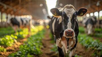 A cow stands in a barn surrounded by greenery, highlighting agricultural life. photo