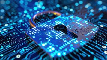 A digital padlock on a circuit board, symbolizing cybersecurity and data protection. photo