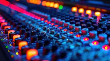 A close-up of a colorful audio mixing console with knobs and illuminated buttons. photo