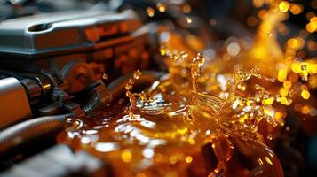 Close-up of engine oil splashing in a mechanical setting, showcasing fluid dynamics. photo