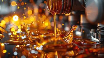 Close-up of oil being poured, creating splashes and reflections. photo