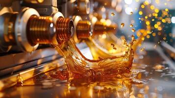 Close-up of liquid flowing from valves, creating splashes and reflections. photo