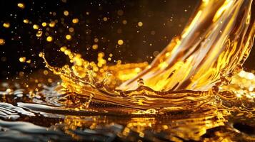 A dynamic splash of golden liquid capturing light and motion. photo