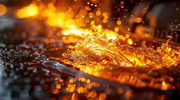 A close-up of molten metal splashing, creating an industrial and dynamic visual effect. photo