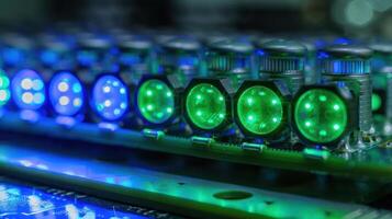 Close-up of illuminated circuit board components with green LED lights. photo