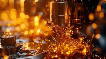 Close-up of a machining process with fluid splashing, showcasing industrial precision. photo