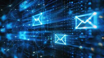 Digital representation of email communication with glowing icons and network connections. photo