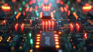 A close-up view of a circuit board with glowing lights and intricate patterns. photo