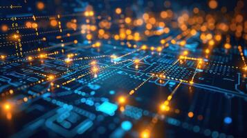 Abstract representation of a digital circuit with glowing data points and connections. photo