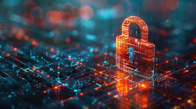 A digital lock symbolizing cybersecurity on a network background. photo