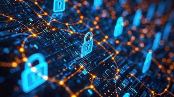 Digital network with security locks symbolizing cybersecurity and data protection. photo