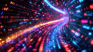 A vibrant, abstract representation of data flow in a digital tunnel. photo