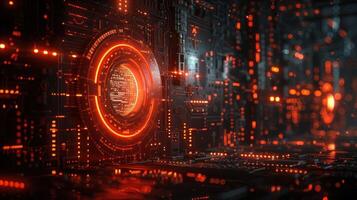 A futuristic digital interface with glowing circuitry and data patterns. photo