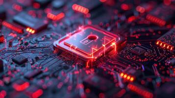 A close-up of a circuit board featuring a glowing lock symbol, symbolizing cybersecurity. photo