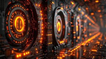 A futuristic, illuminated circuit board with glowing orange elements and intricate patterns. photo