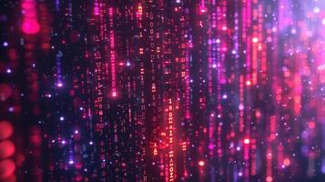A vibrant digital background with flowing binary code and glowing particles. photo