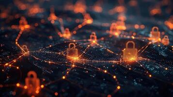 Digital network with glowing locks symbolizing cybersecurity and data protection. photo
