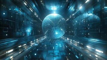 A futuristic scene featuring a reflective disco ball in a high-tech environment. photo