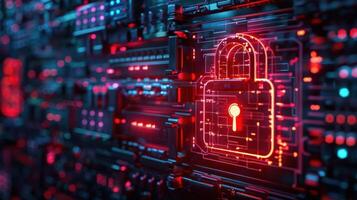 A digital lock symbol on a circuit board background, representing cybersecurity and protection. photo