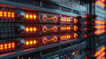 Close-up of a data server rack with illuminated components, showcasing technology in action. photo