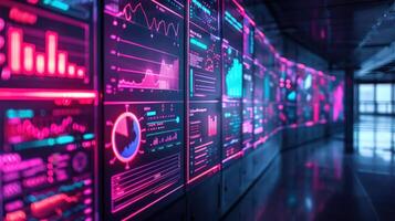 A futuristic display of data visualizations in vibrant colors, showcasing analytics and metrics. photo