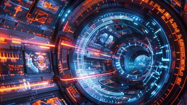 A futuristic tunnel with glowing lights and digital interfaces, suggesting advanced technology. photo