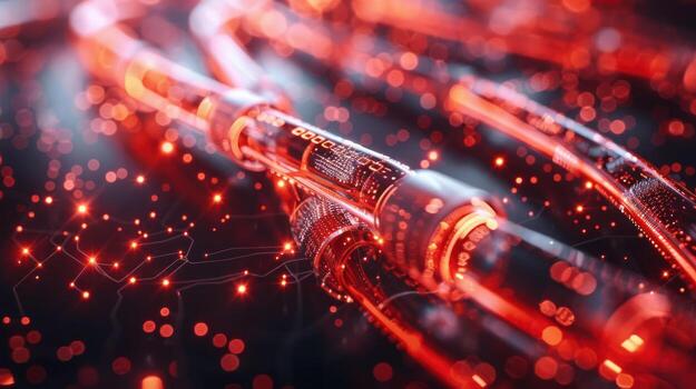 Abstract representation of interconnected glowing data cables and circuitry. photo