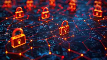 A digital network with glowing padlocks symbolizing cybersecurity and data protection. photo