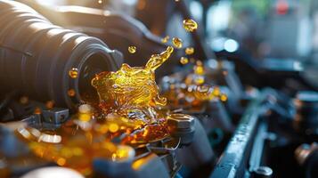 Close-up of engine oil splashing in an automotive engine, showcasing mechanical dynamics. photo