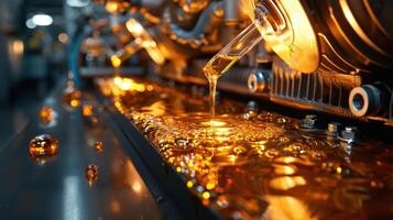 Close-up of golden liquid flowing in an industrial setting, showcasing machinery and processes. photo