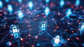Digital network with padlocks symbolizing cybersecurity and data protection. photo