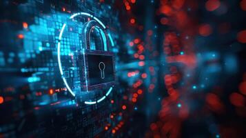 Digital lock symbolizing cybersecurity and data protection in a futuristic setting. photo